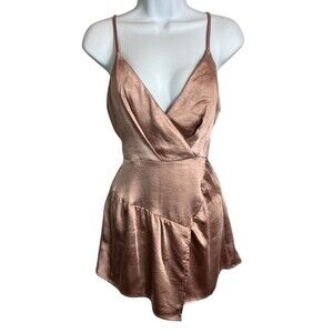 Angel Biba Satin Wrap-Look Skort Style Romper  Women's Size S  Pink V-Neck Short